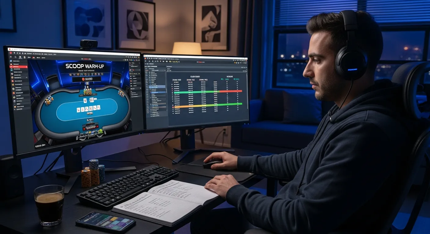 Focused poker pro playing the $1,050 PokerStars SCOOP Warm-Up at night.