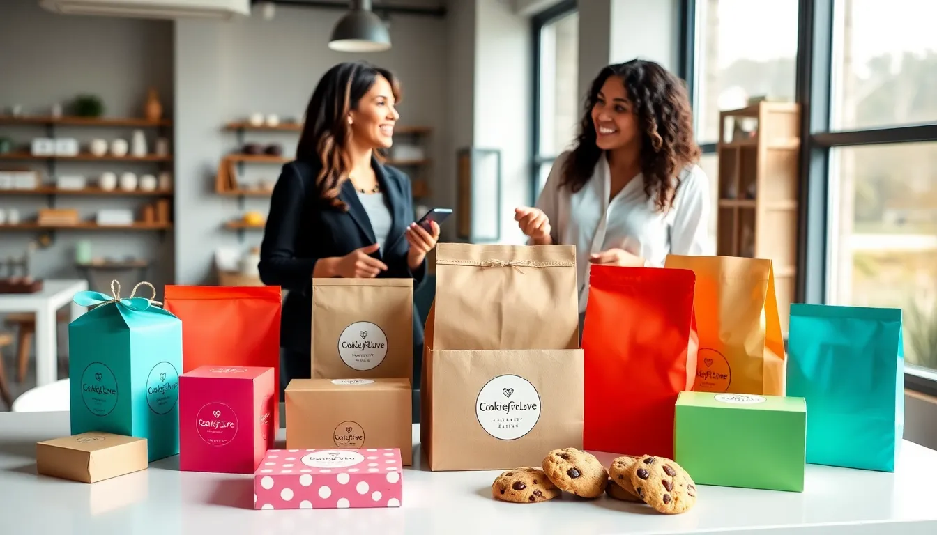 colorful cookie packaging options displayed on a modern table.
