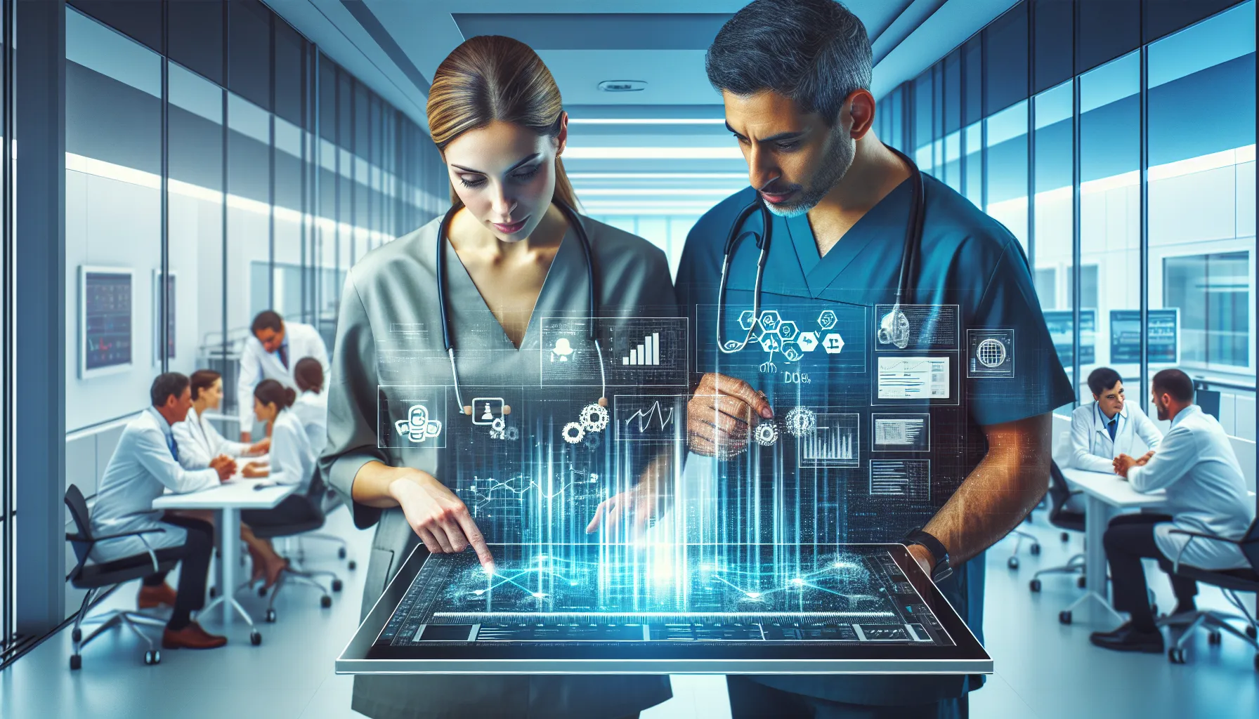 diverse professionals discussing data in a modern office setting.