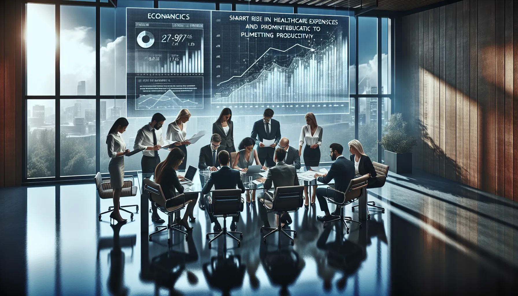 diverse professionals discussing economic impacts in a modern office setting.