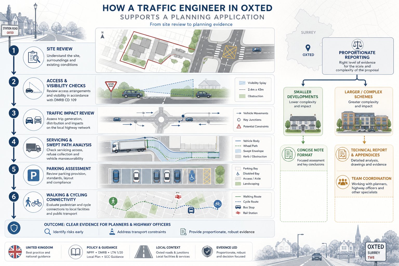 Traffic engineer planning review steps for site access, parking, and transport impact.