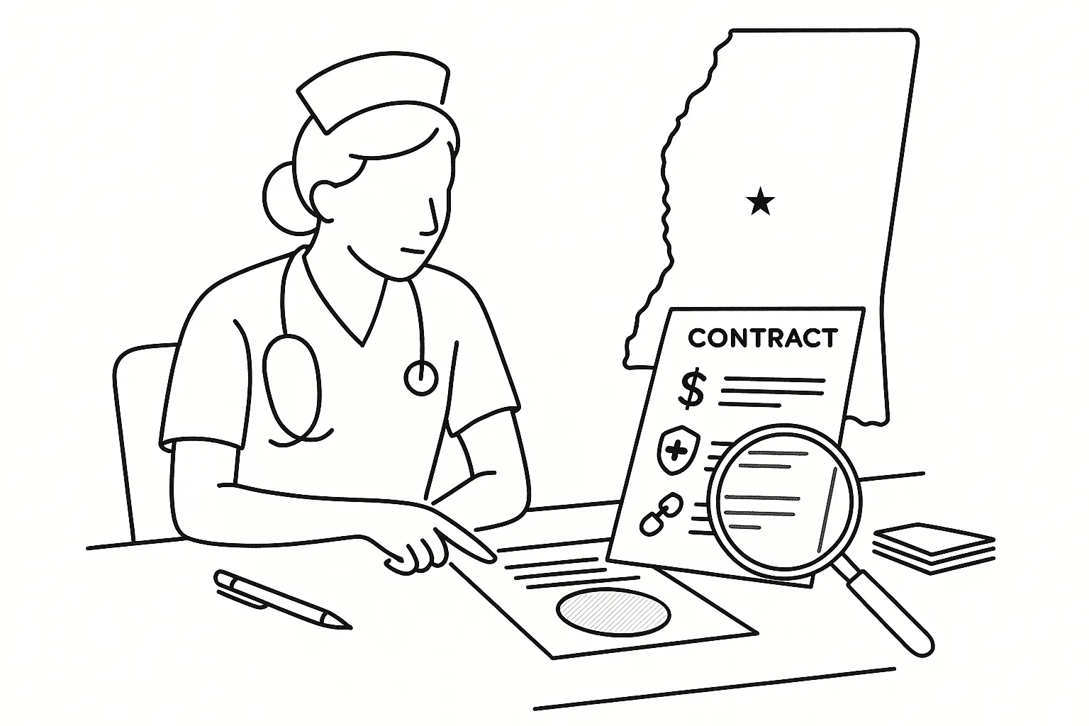 Nurse practitioner reviewing a contract with icons for pay, insurance, and covenants of Mississippi Nurse Practitioner Contract Review.