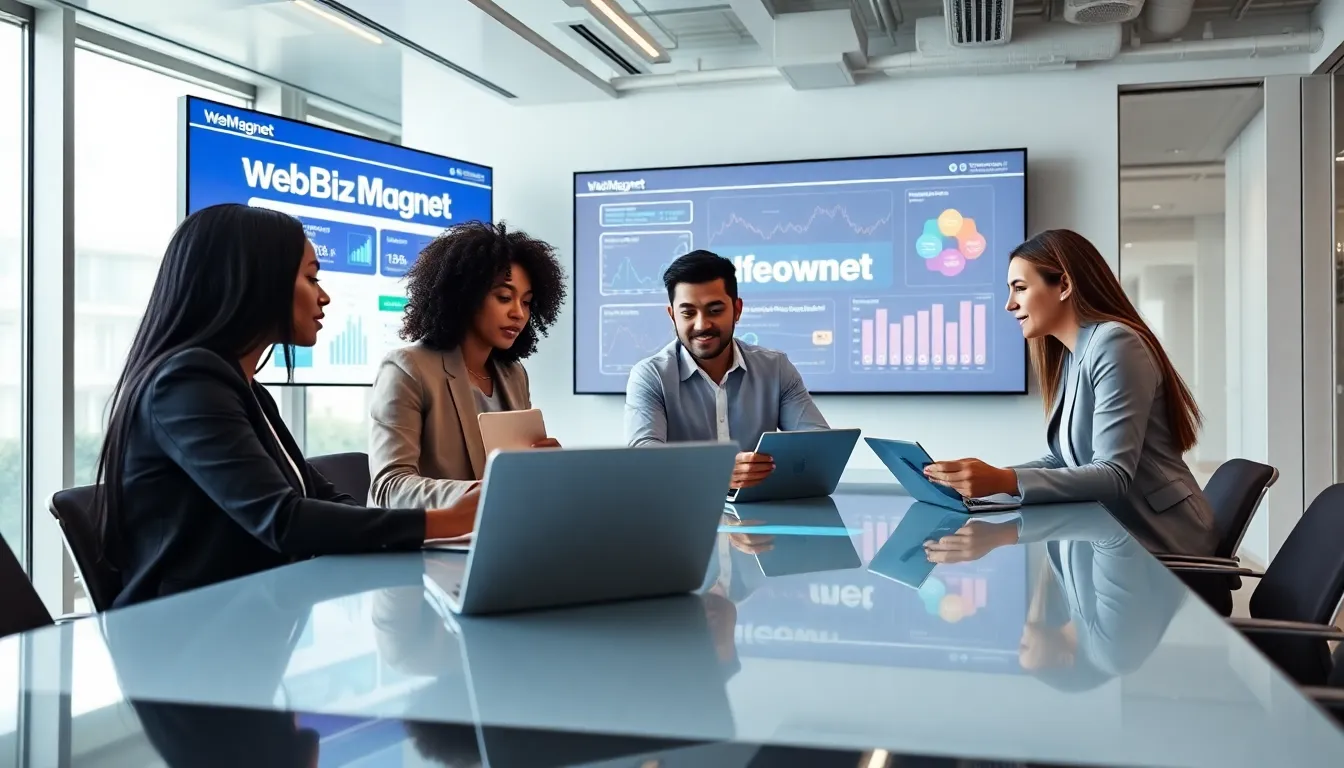 diverse team collaborating in a modern office focused on digital marketing strategies.