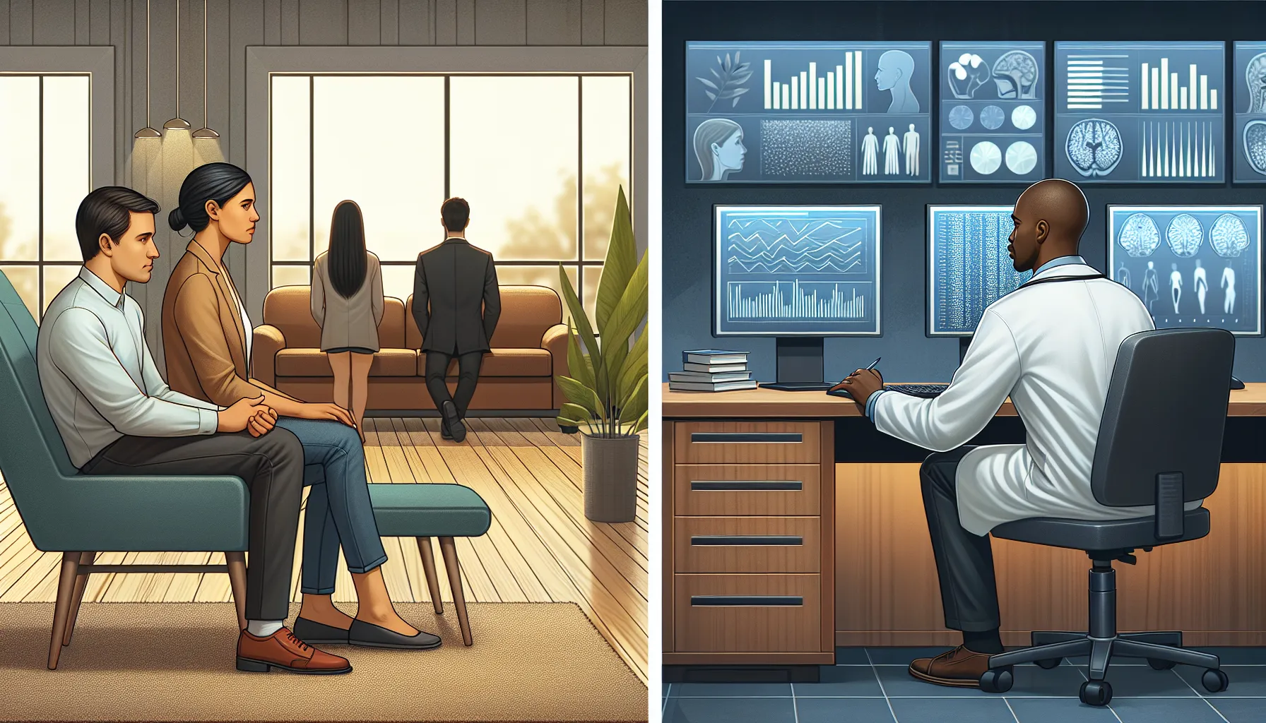 A counselor in a therapy session and a psychologist in a laboratory setting.