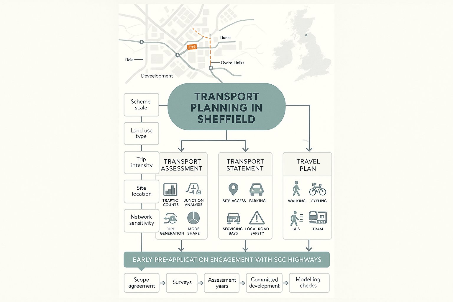 Decision tree showing when TA, TS, or Travel Plan is needed in Sheffield.