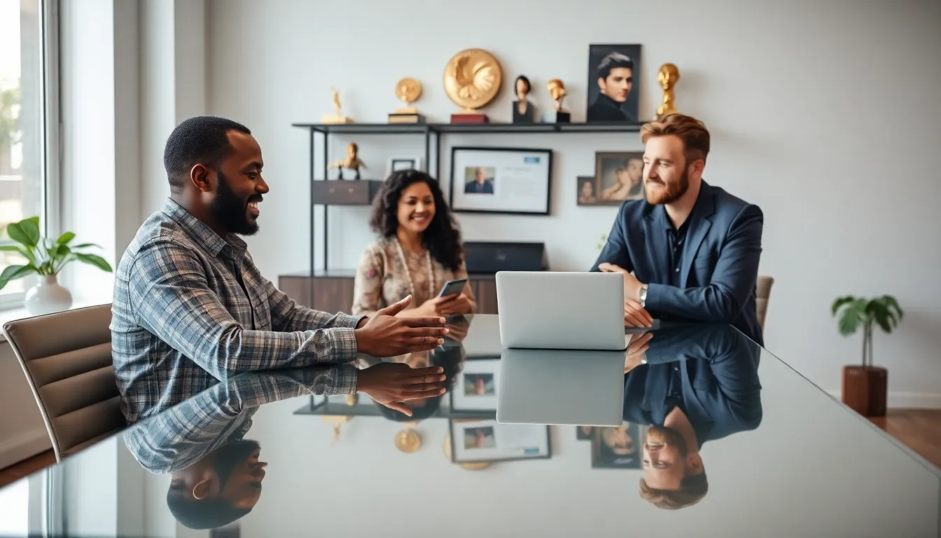 diverse team discussing entertainment in a modern office setting.