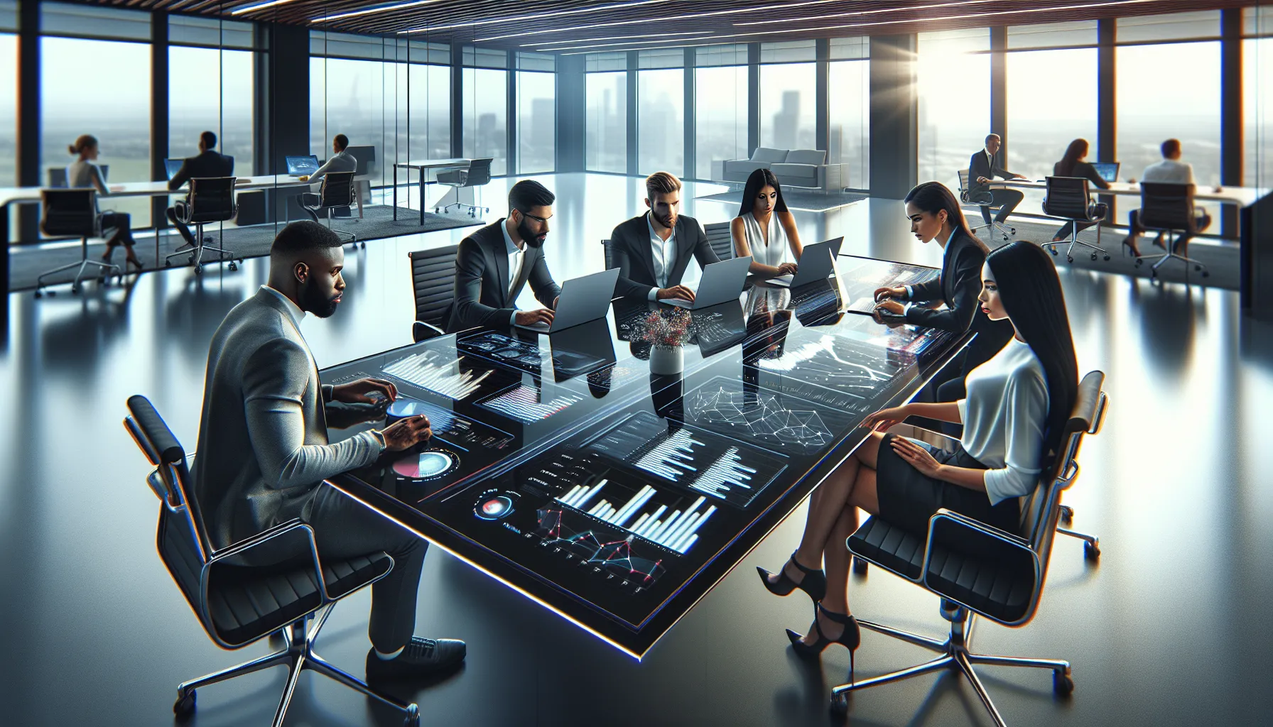 diverse team analyzing baseball statistics in a modern office.