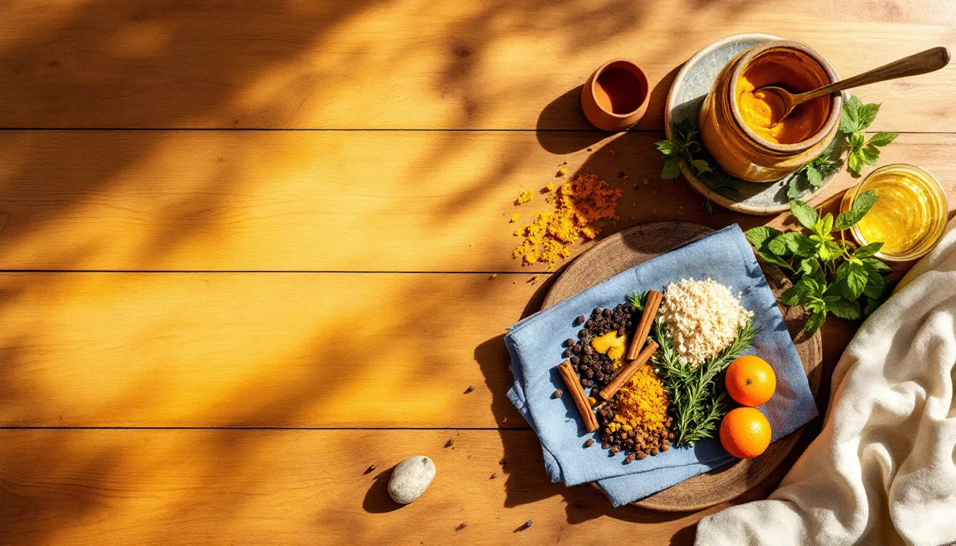 Overhead arrangement of natural elements representing Ayurvedic doshas on a wooden surface.