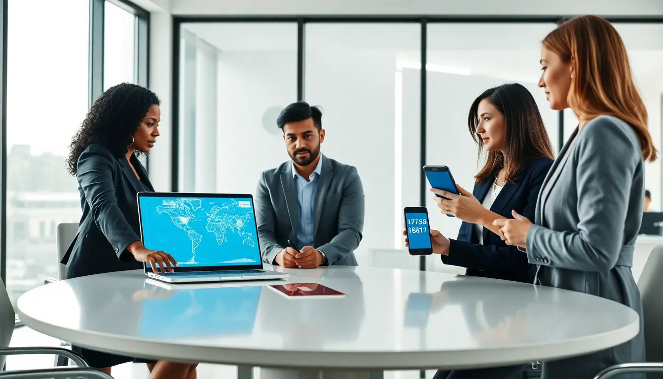 diverse team discussing telecommunications in a modern office.