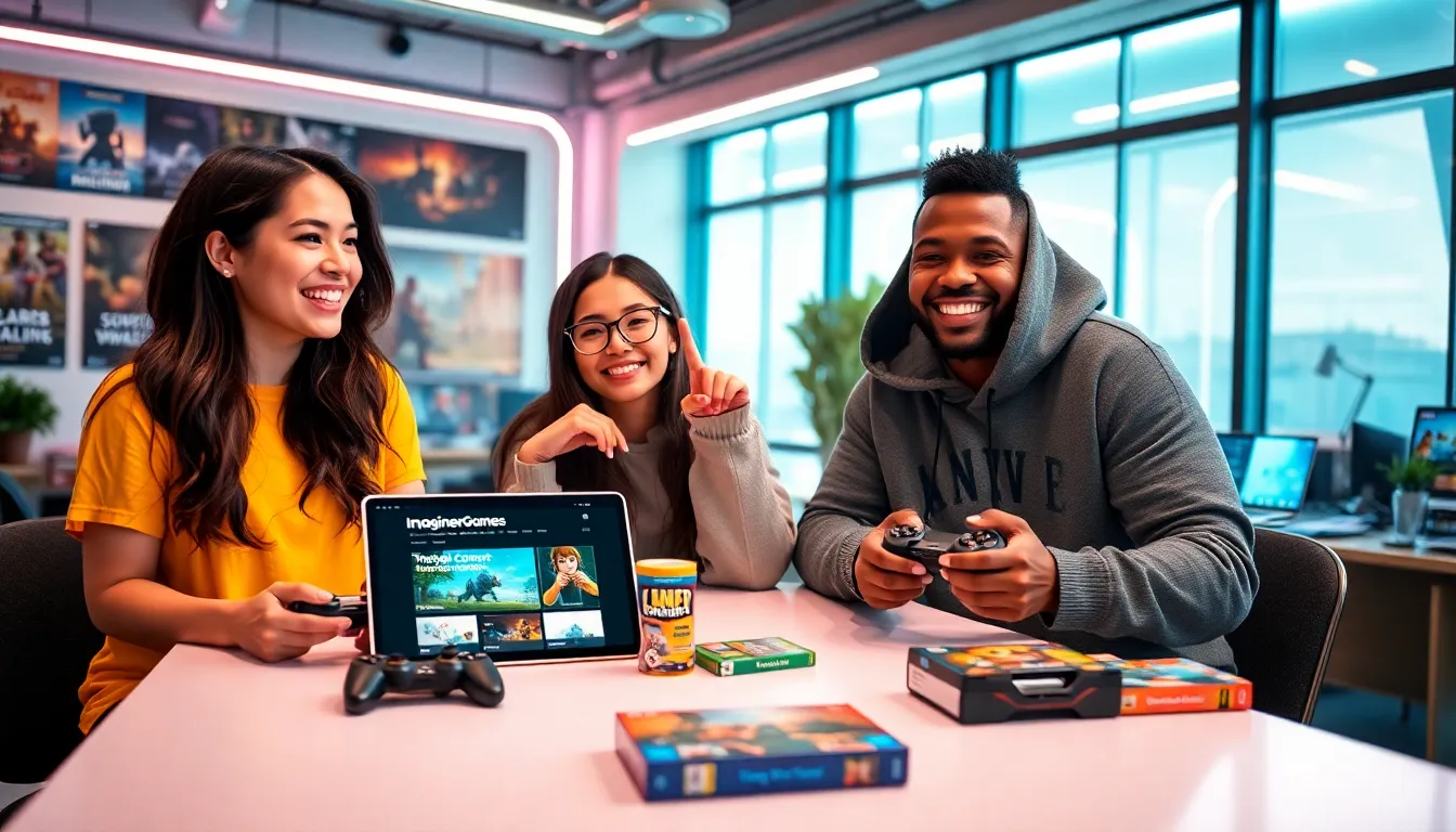 three diverse gamers enjoying a session at a modern gaming workspace.