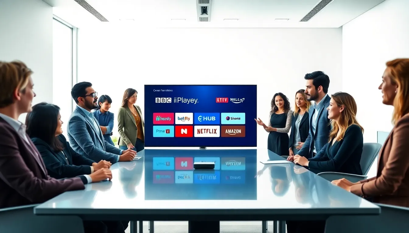 diverse team discussing British TV streaming services in a modern office.