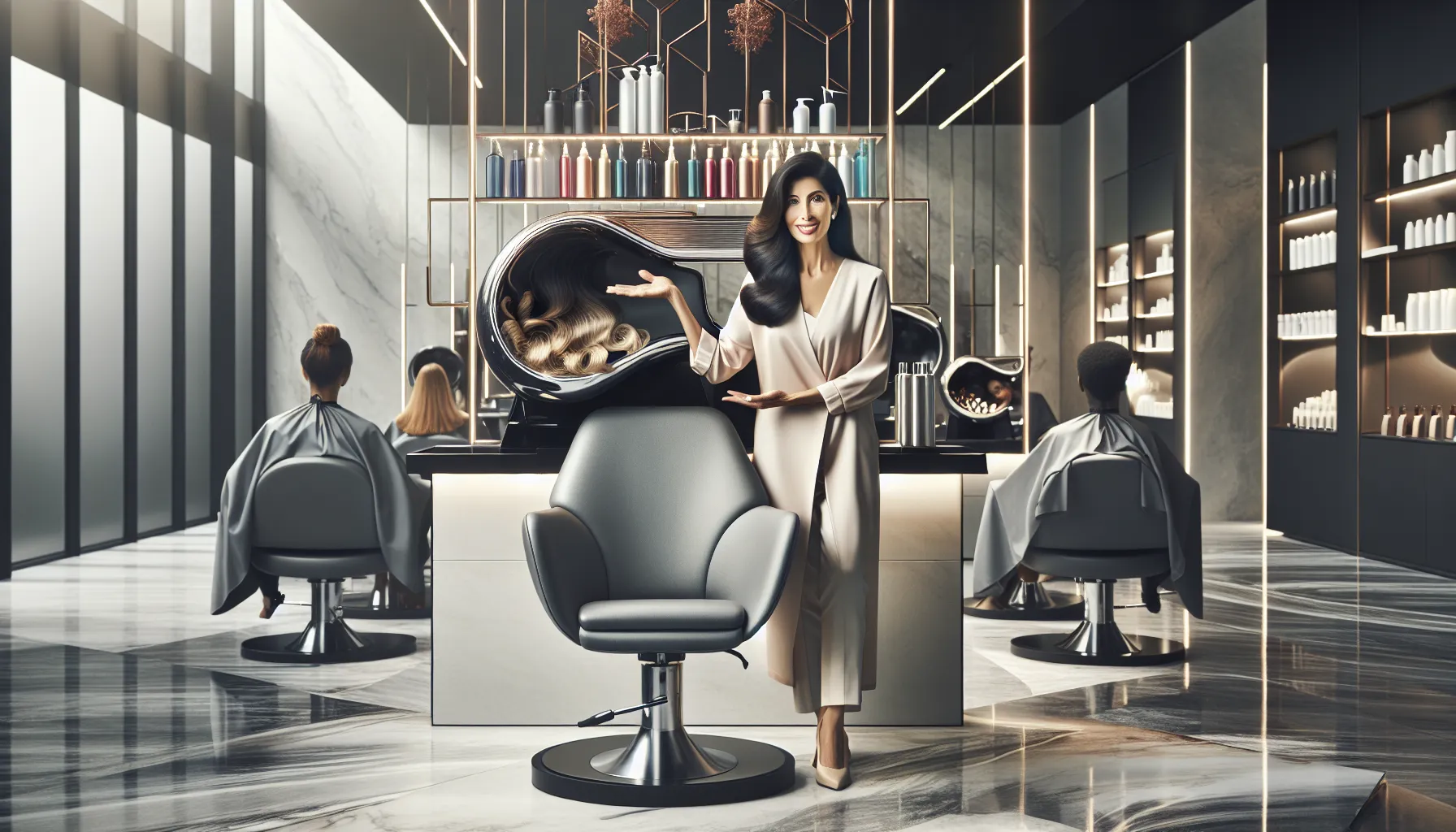 cosmetologist demonstrating hair care techniques in a modern salon.