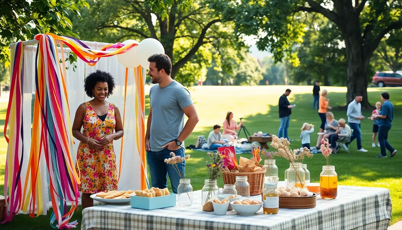 A diverse group assembling a DIY photo booth at an outdoor event.