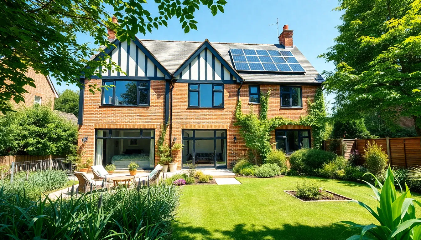 modern UK house and garden blending traditional and contemporary styles.