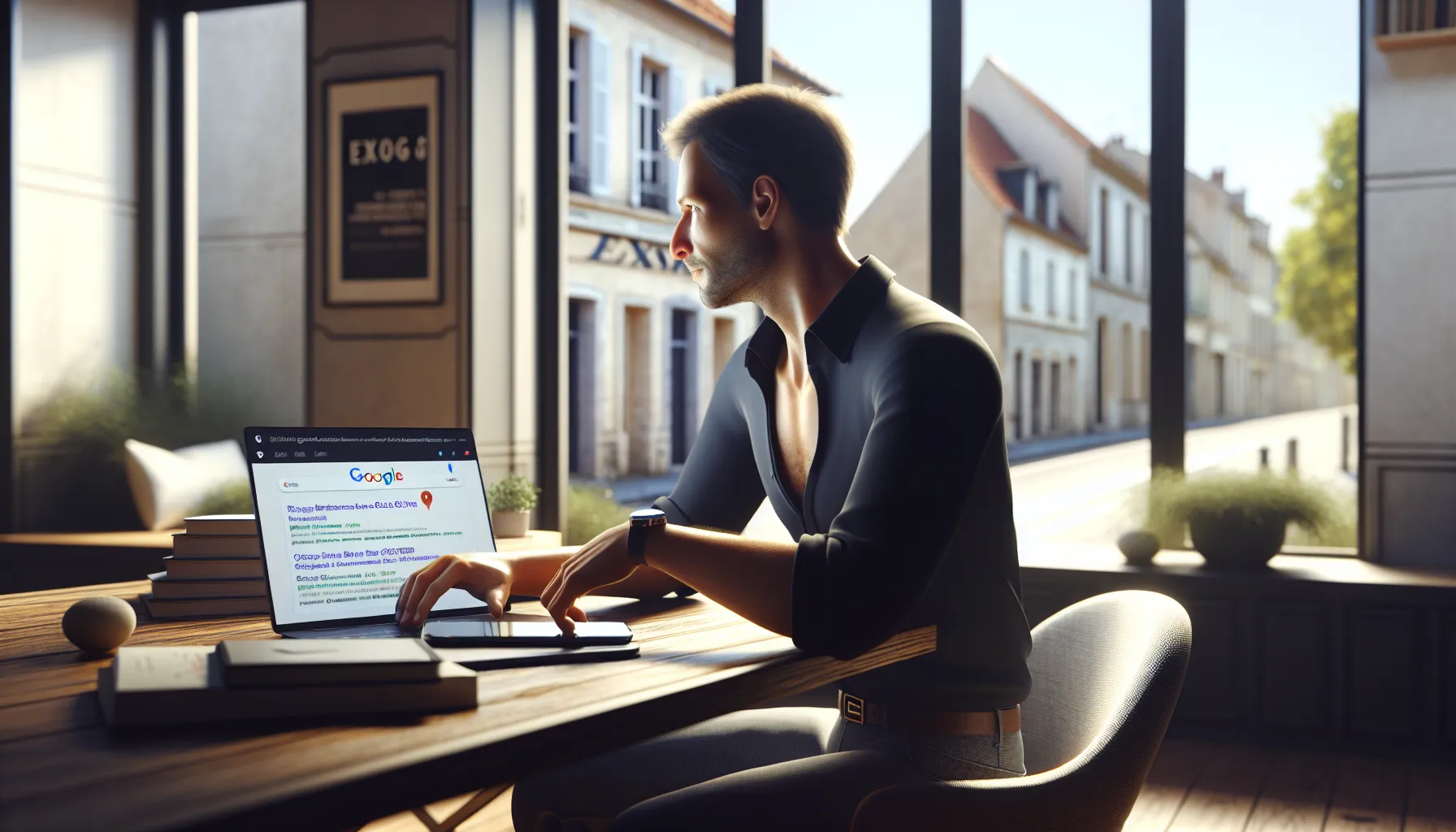 Small business owner in Ozoir-la-Ferrière viewing local Google SEO results on laptop.