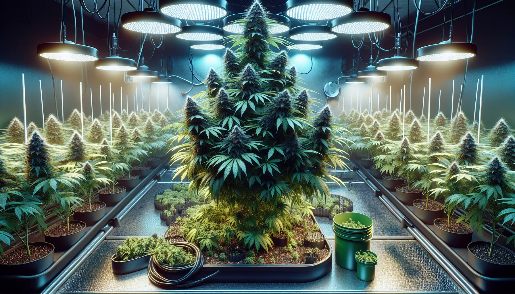 A Cannabis indica plant with broad green leaves in an indoor growing setup.