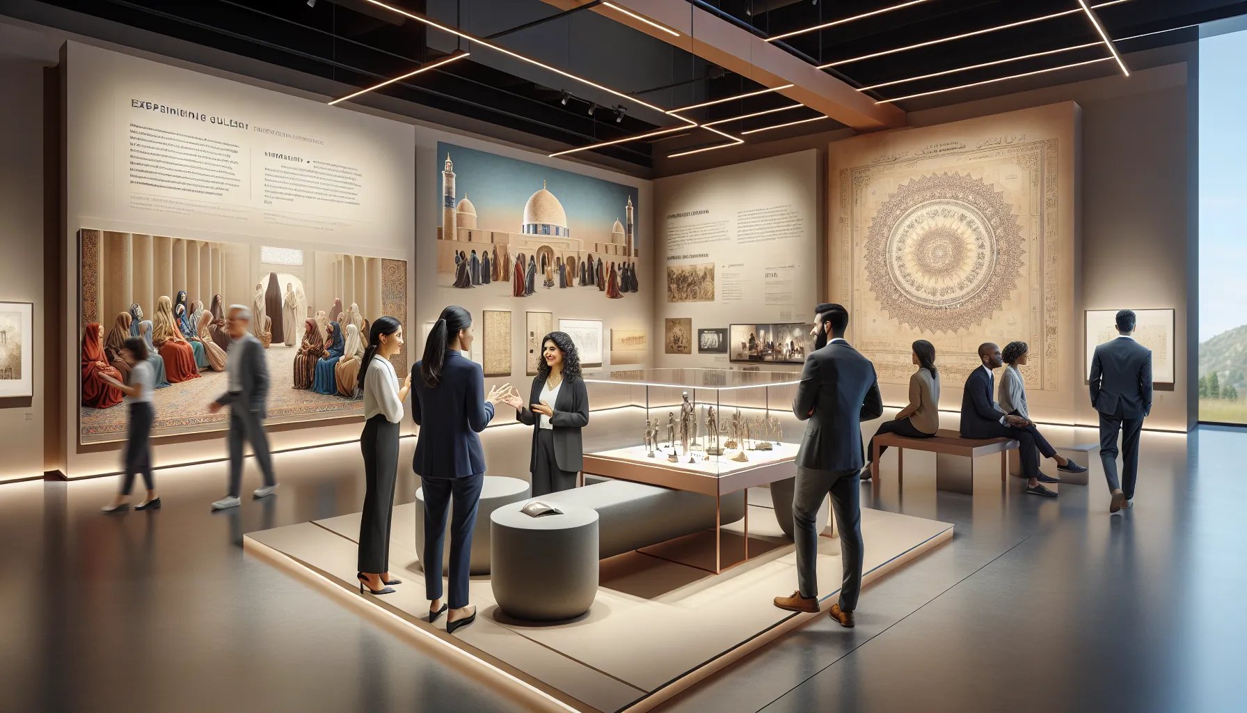 diverse professionals exploring Felissiany cultural exhibition in a modern gallery.