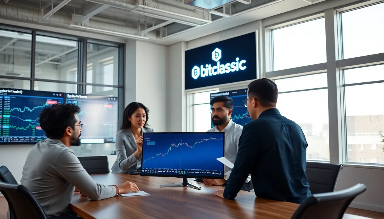 diverse team discussing cryptocurrency in a modern office.