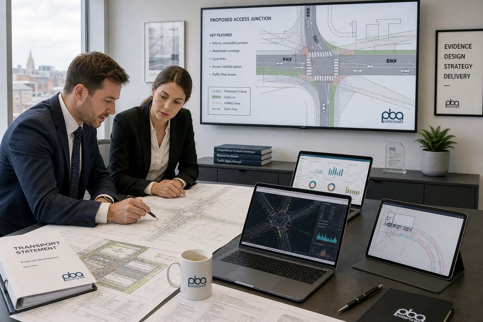 Consultants reviewing traffic plans and road access designs in a modern office.