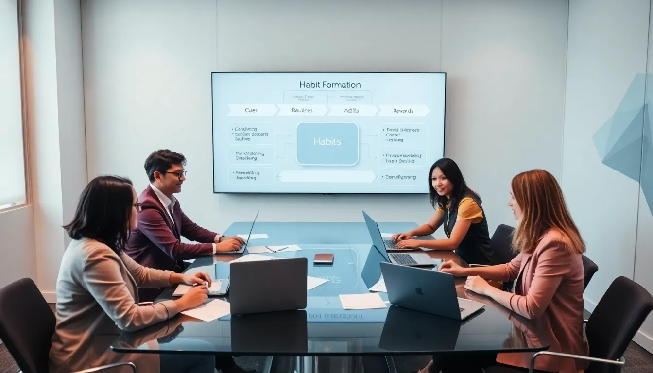 diverse professionals discussing habit formation in a modern office.