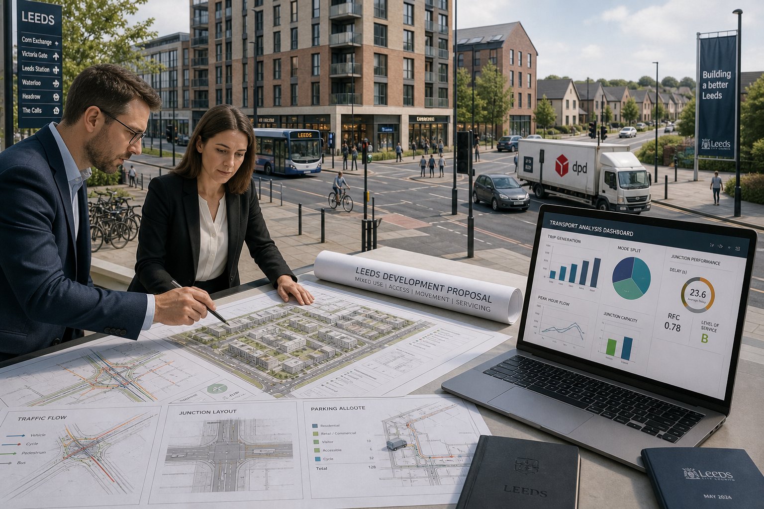 Traffic engineer reviewing Leeds development plans with urban transport layouts.
