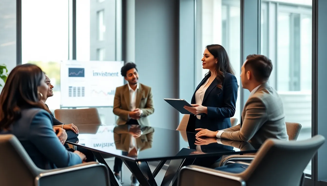 Melanie discussing investment strategies with diverse clients in a modern office.