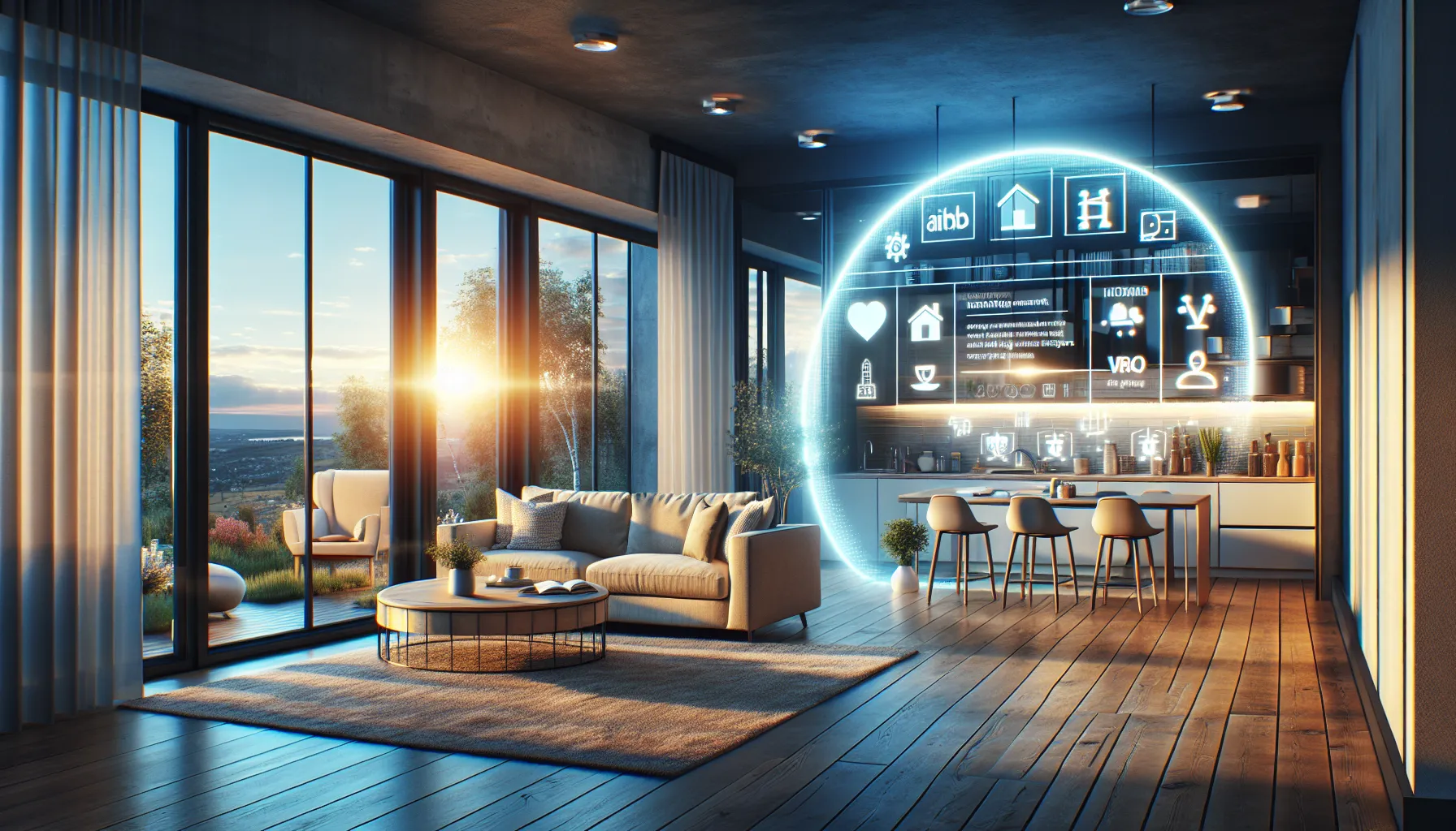 A cozy living room depicting Airbnb and VRBO rental platform features.