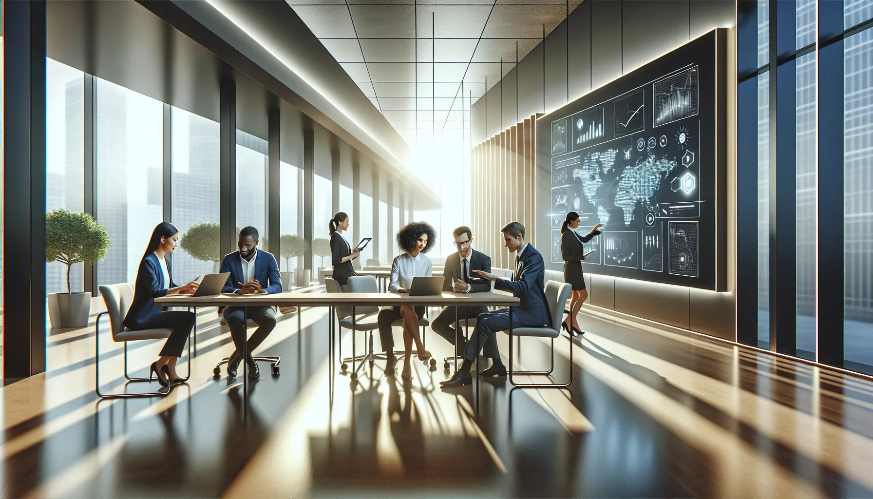 diverse professionals collaborating in a modern office setting.