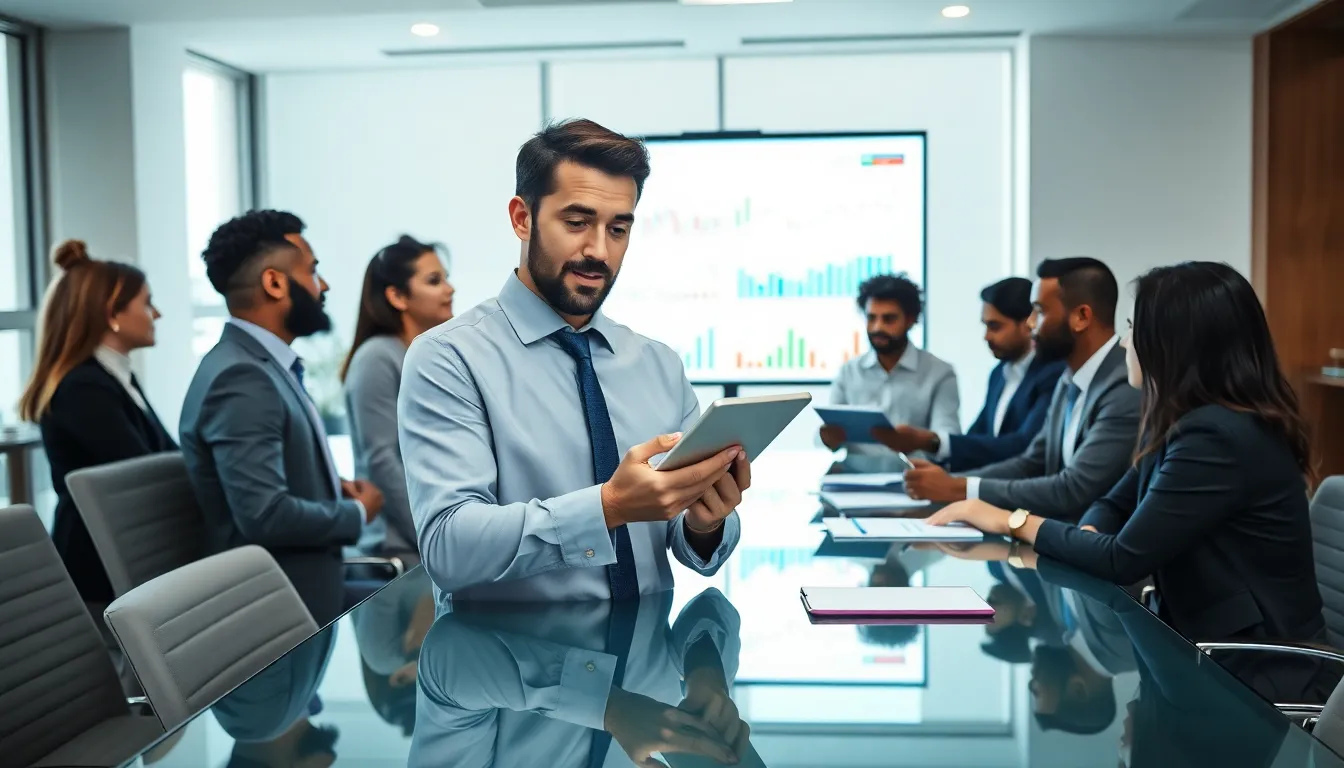 diverse financial team discussing managed brokerage accounts in a modern office.
