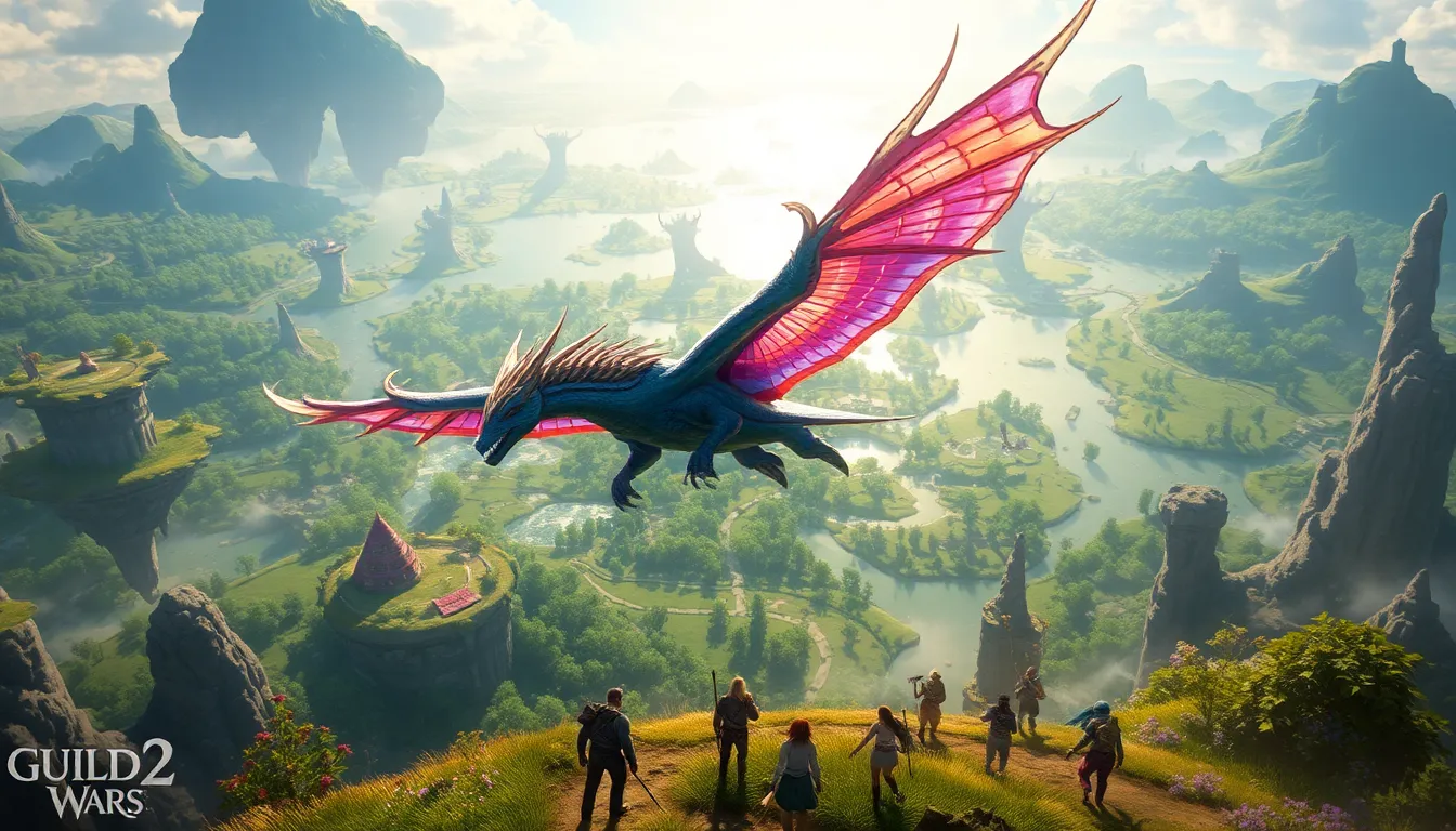 Skyscale mount flying over a vibrant landscape from Guild Wars 2.
