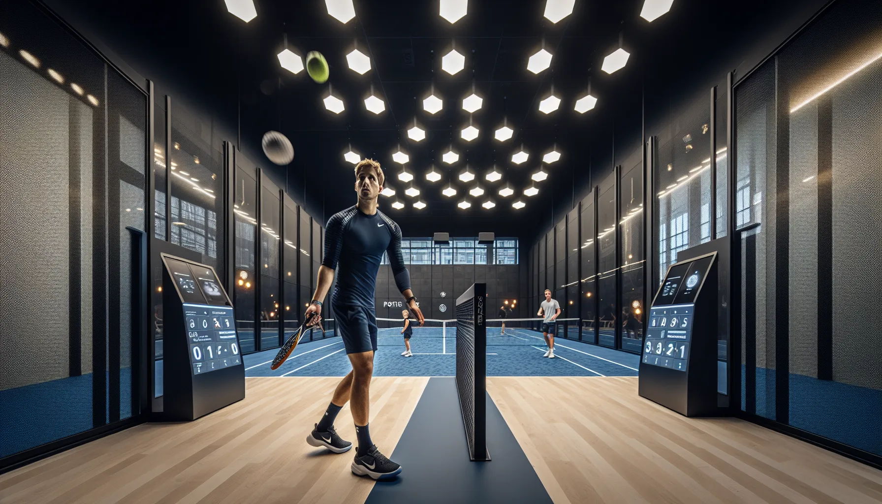 De beste padelbanene i bergen: hvor du bør spille 2 Indoor bergen padel player lobbing under high ceiling; rain and tram outside.