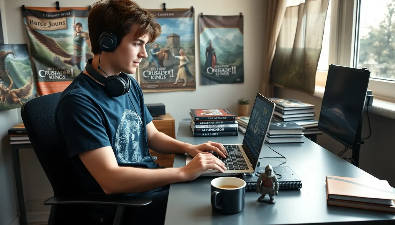 A gamer using Ck2generator on a laptop with gaming posters and books.