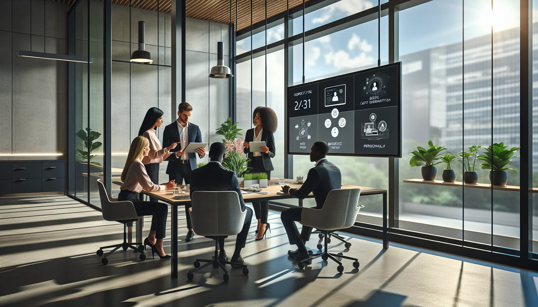 diverse professionals discussing Cac.Solucionfaas.Com in a modern office.