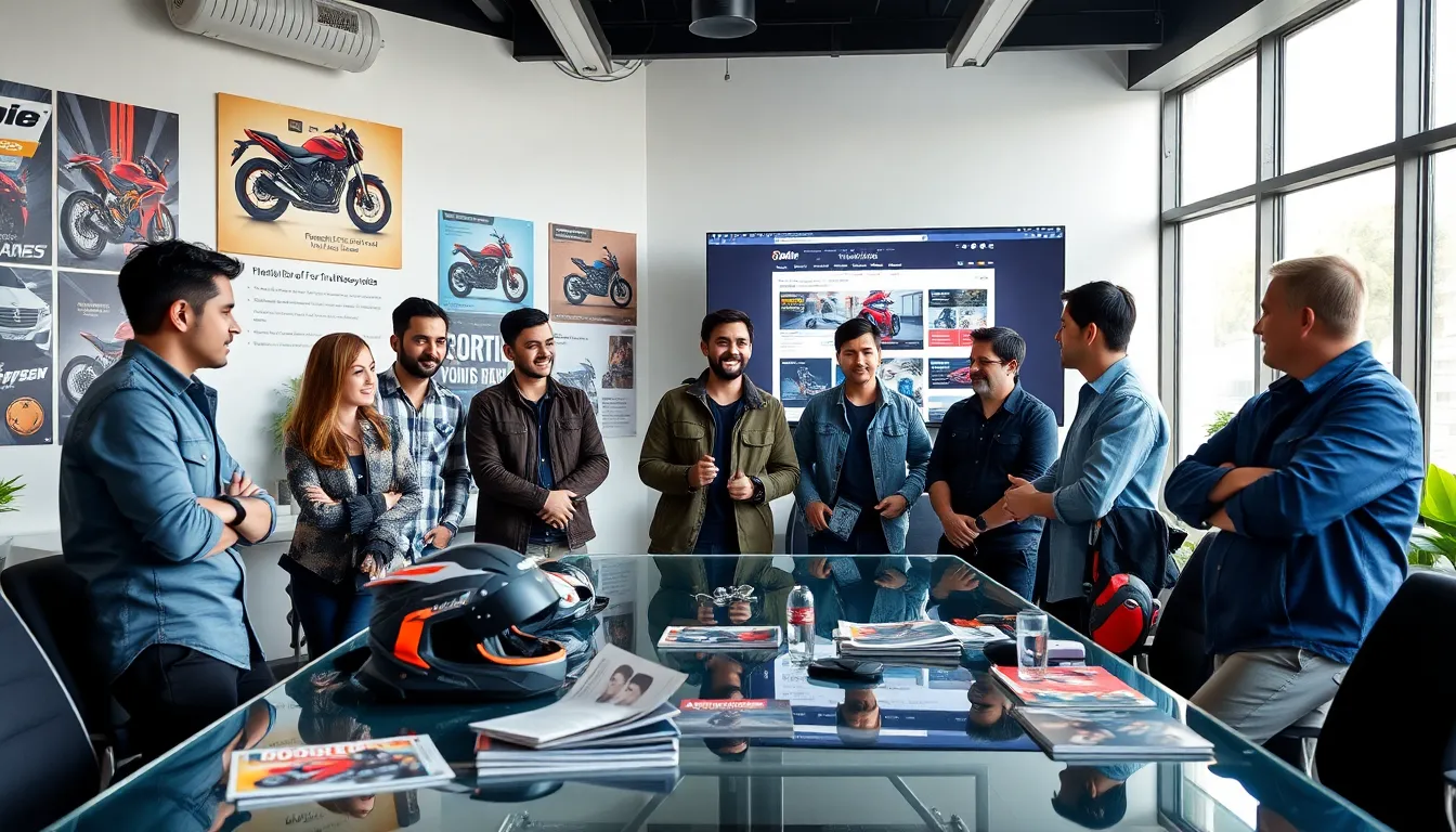 diverse motorcycle enthusiasts collaborating in a modern office.