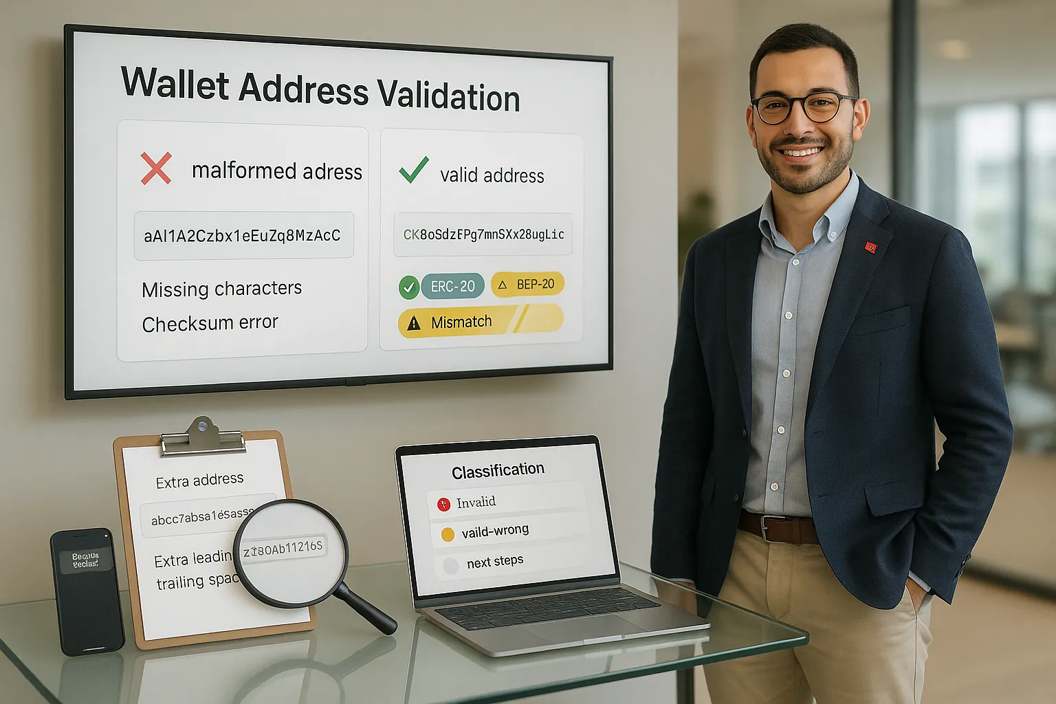 Fintech specialist reviewing invalid vs valid-but-wrong crypto wallet addresses on screen.