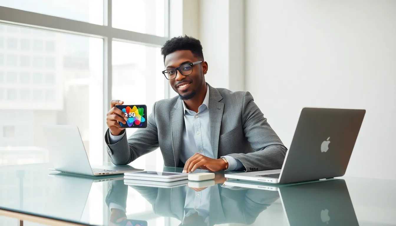individual showcasing a cheap 5G phone in a modern office.
