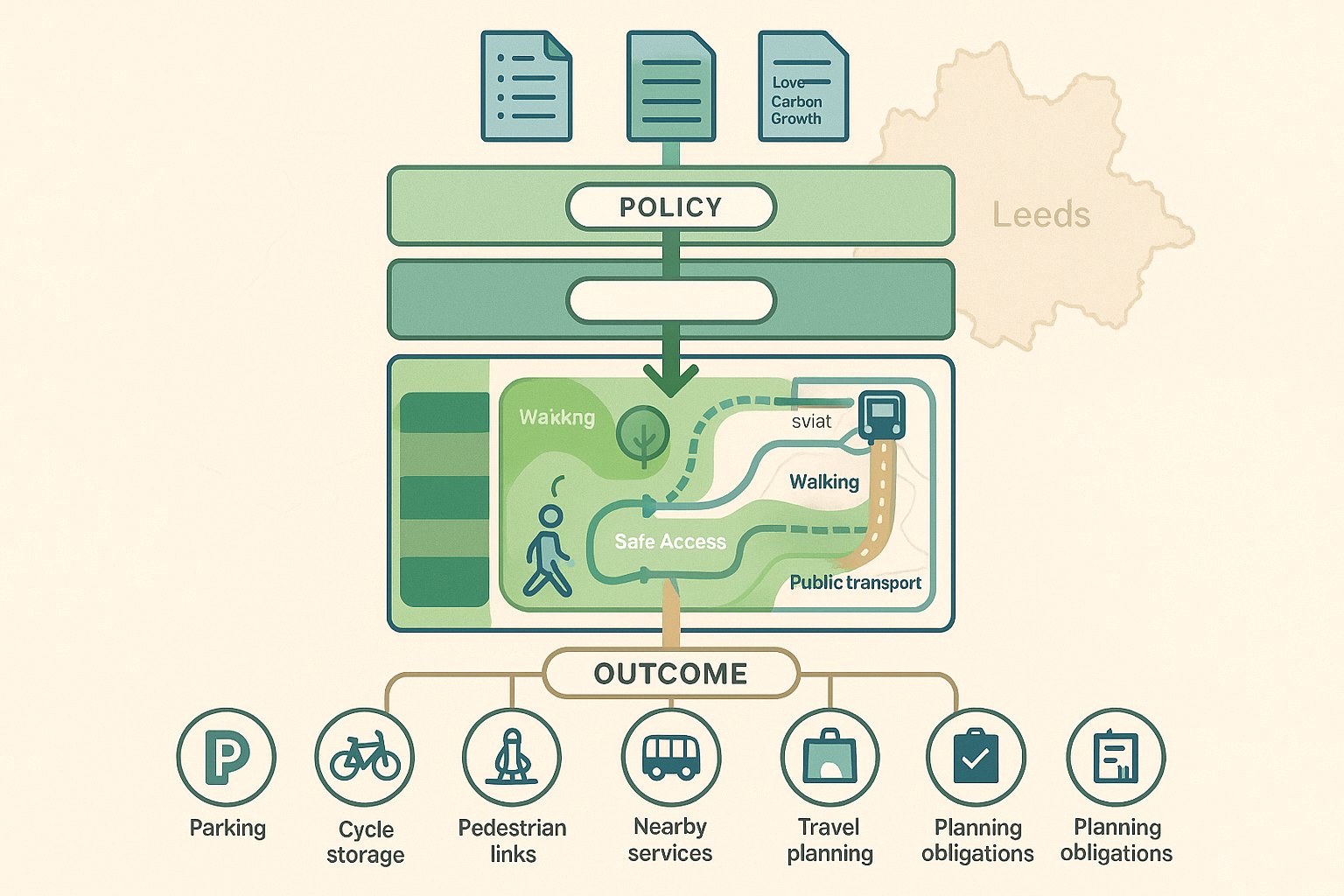 Infographic of Leeds transport planning policy shaping development and sustainable travel decisions.