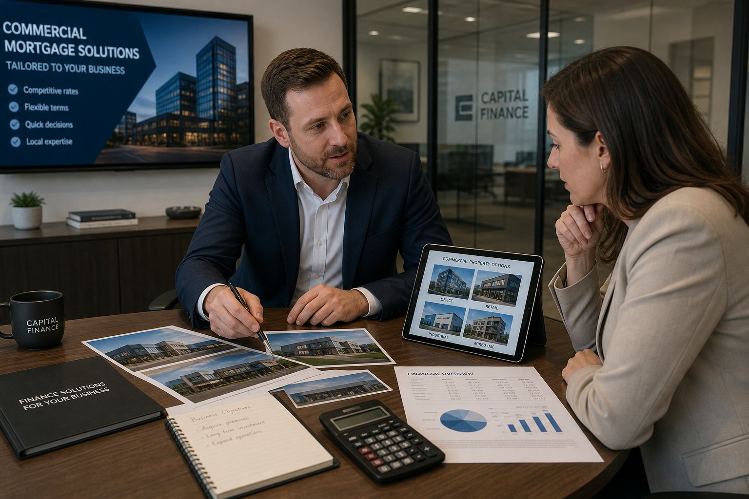 Commercial Mortgage Broker Stockport - Purchase and Refi 5 Finance adviser and business client reviewing commercial property options in a modern office.