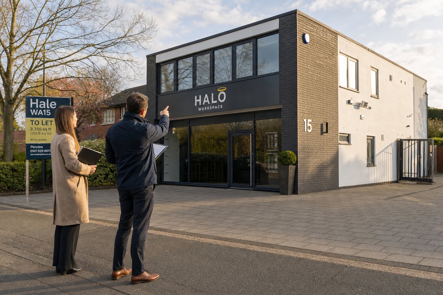 Surveyor and client outside a detached commercial building during a valuation visit.