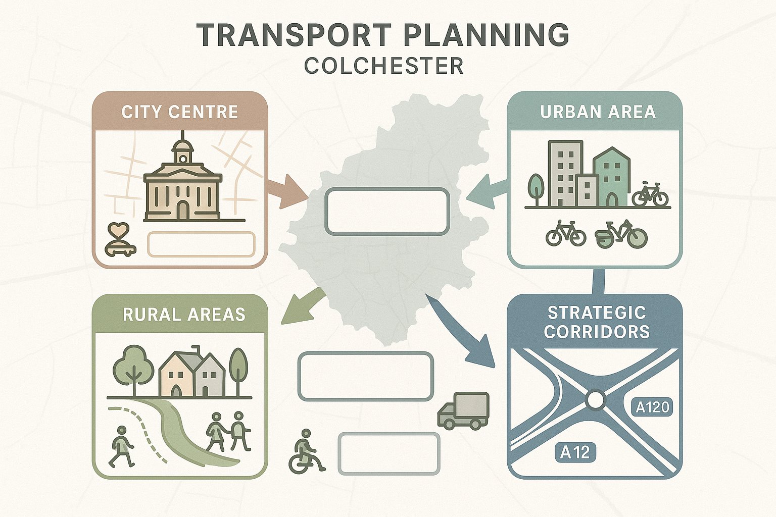Infographic showing how different Colchester locations shape transport planning decisions.