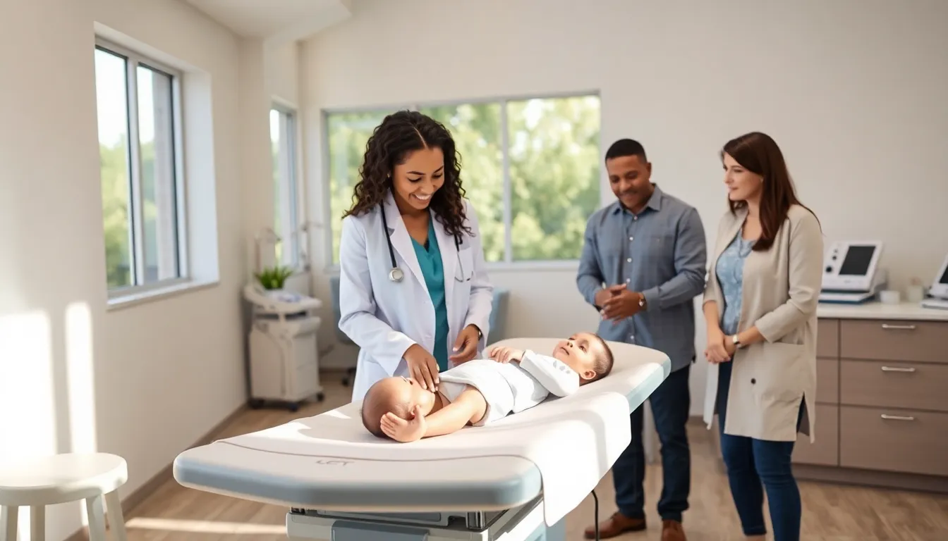 healthcare professional attending to a baby in a welcoming clinic.