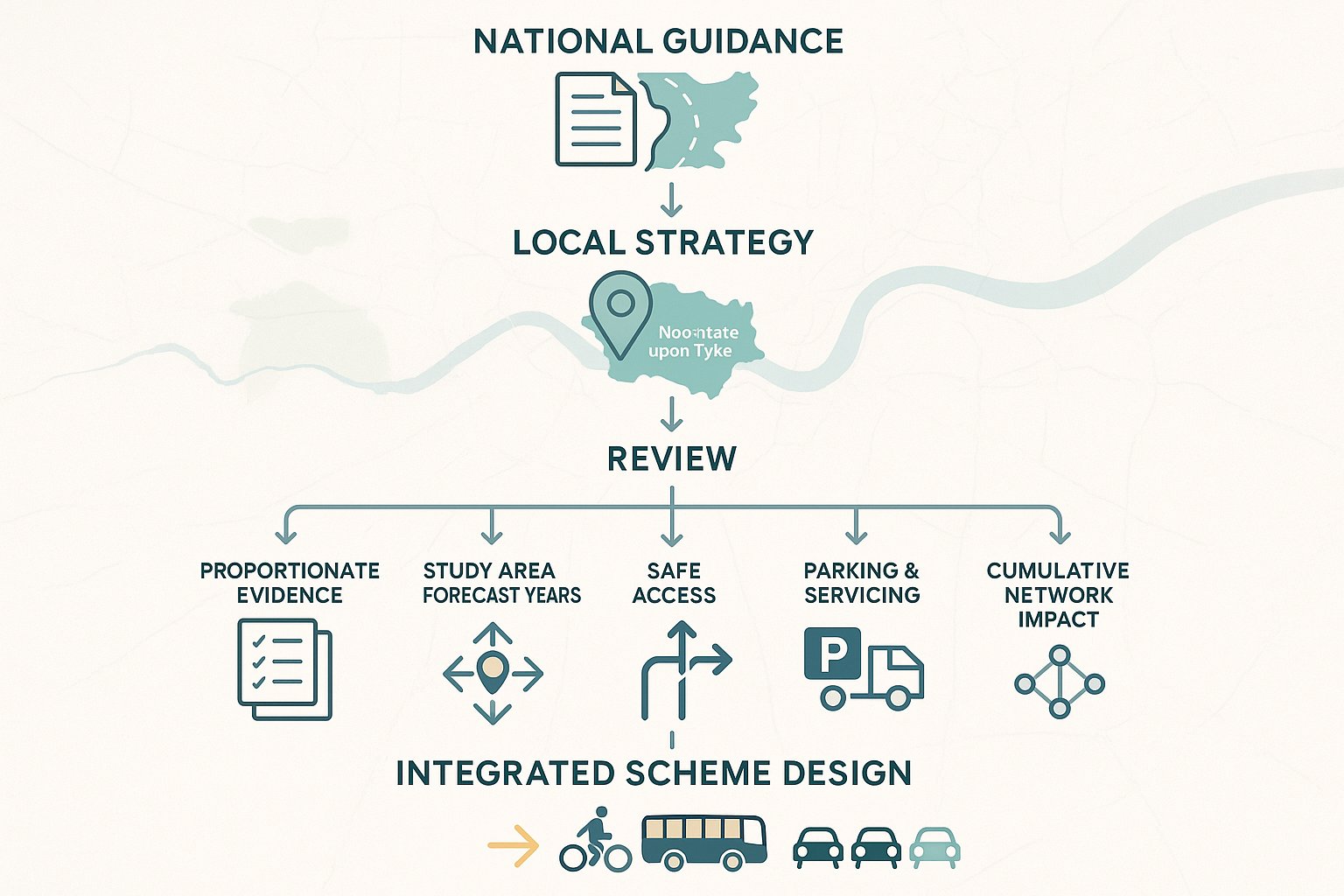 Infographic of transport planning policy and highway review factors in Newcastle.