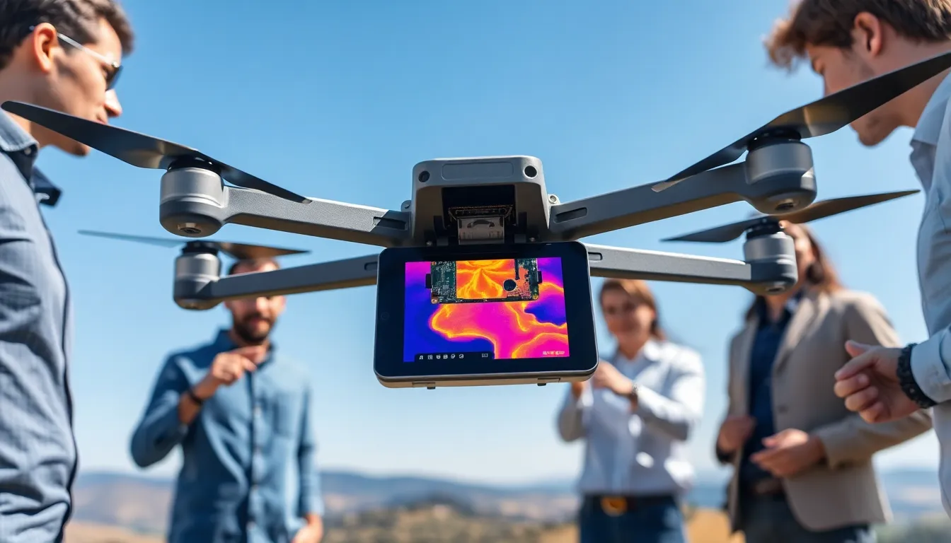 A thermal drone with a Raspberry Pi Zero flying over a landscape.