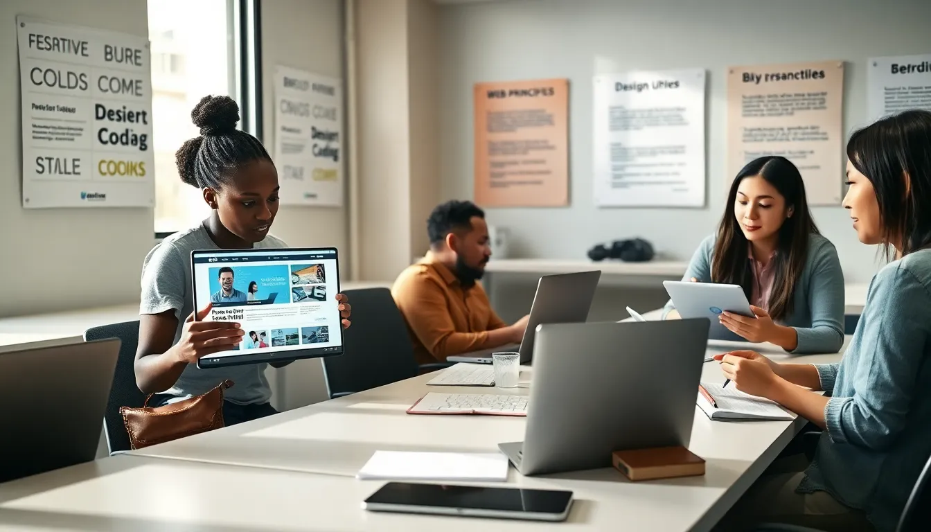diverse students collaborating on web design projects in a classroom.