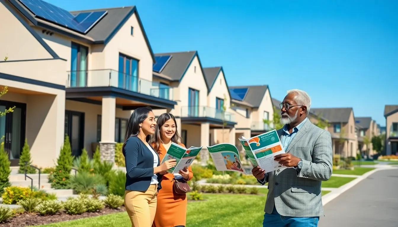 diverse professionals discussing energy efficient homes in a modern neighborhood.