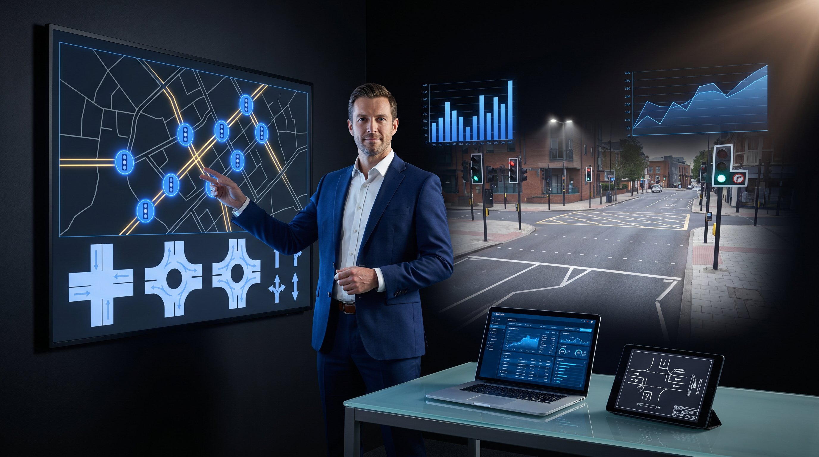 Traffic engineer analyzing digital road network display with blue data visualizations.