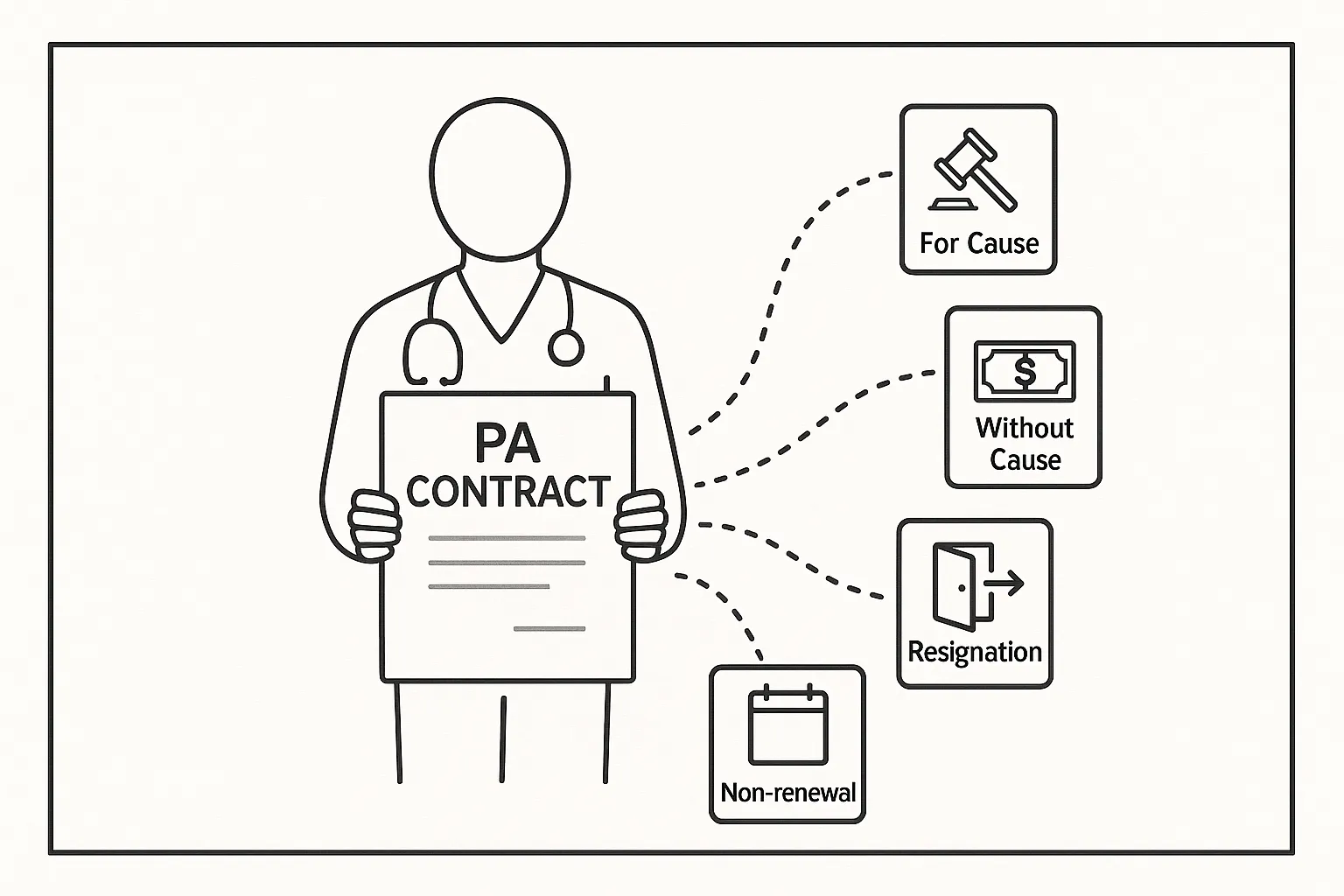 Physician Assistant holding a contract with four labeled termination fragments of Terminating A Physician Assistant Contract.