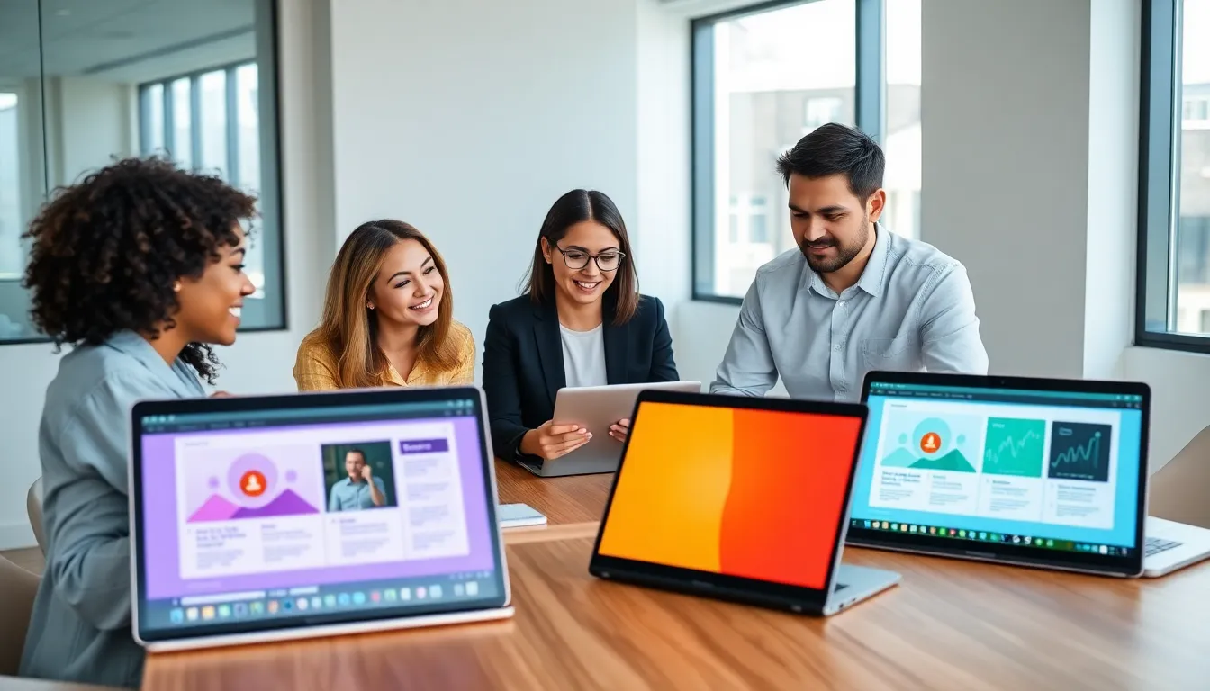 diverse professionals collaborating with the Lina966gh platform in a modern office.