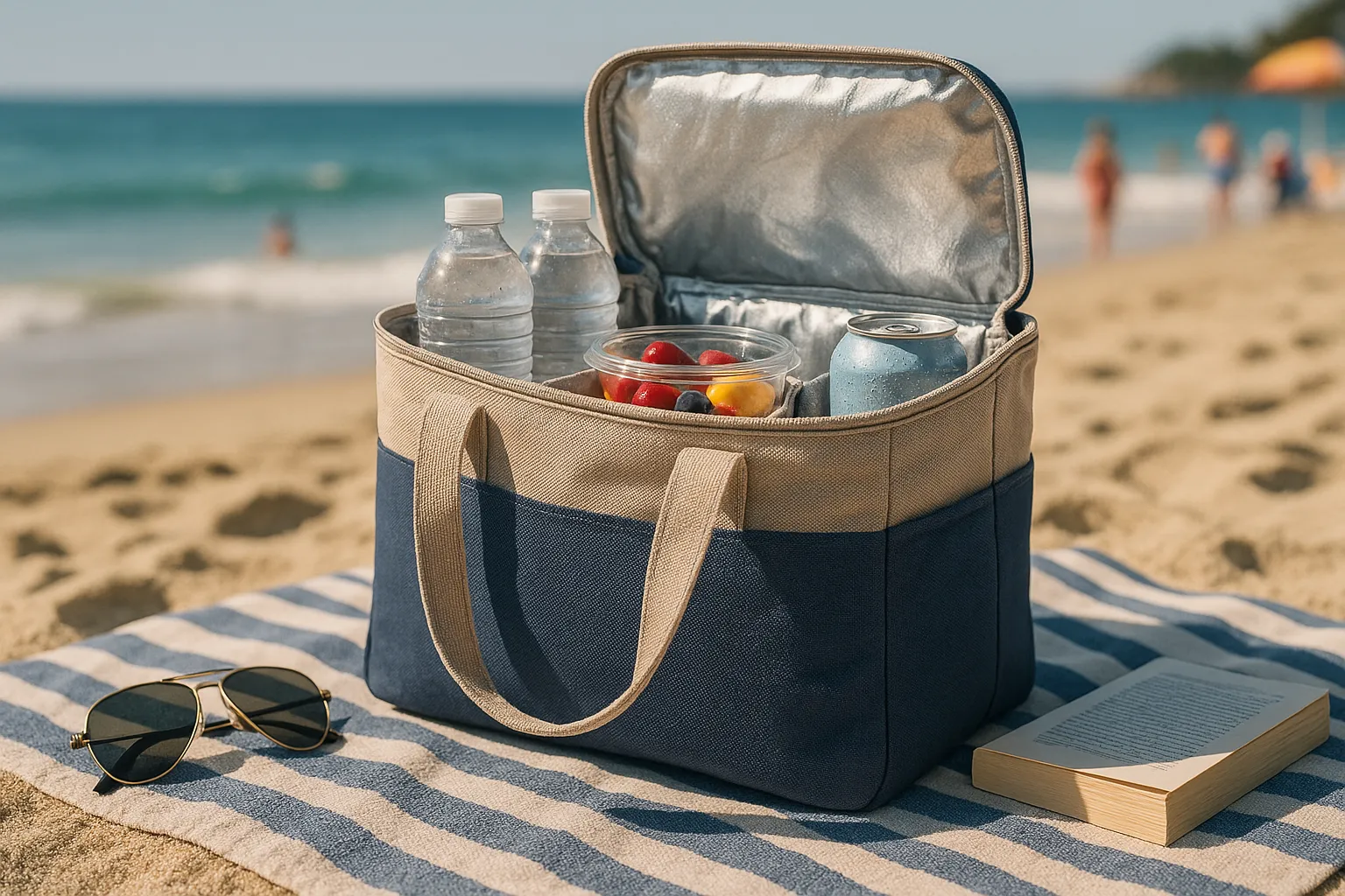 An insulated beach tote bag with cold drinks and snacks on a sunny beach.