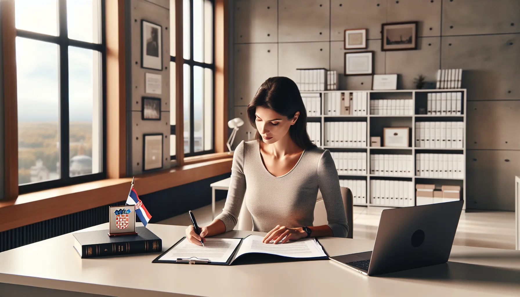 Professional woman reviewing divorce documents and legal papers in modern Croatian office